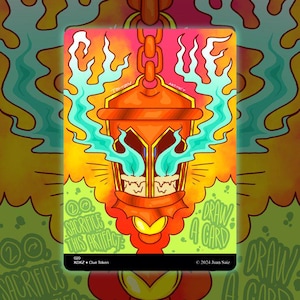 May include: A vibrant, stylized illustration of a lantern with teal flames and the text "DRAW A CARD". The artwork features an orange lantern with a chain, set against a yellow and orange background. Text includes "SACRIFICE THIS ARTIFACT" and "KDKZ Clue Token".