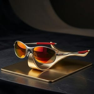 May include: A pair of sunglasses with a silver frame and red-tinted lenses rests on a gold-colored display stand. The temples have red accents. The sunglasses are displayed on a gold-colored square base.