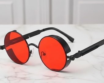Steampunk Red Lens Sunglasses: Retro 90s Unisex Goggles