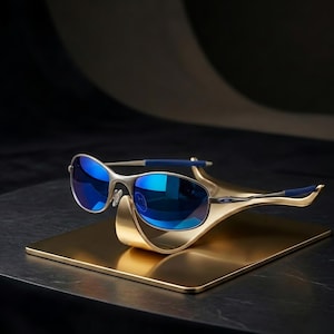 May include: Silver-framed sunglasses with blue lenses rest on a gold-colored display stand. The sunglasses have blue accents on the temples. The stand is a gold-colored square. The background is dark.