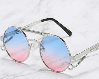 Blue Pink Ombre Steampunk Sunglasses: Silver Alloy Frame, Round Lenses, Festival Shades