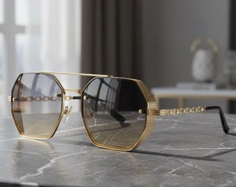 70s Aviator Octagonal Sunglasses - Ombre Lens - Pilot Shades Golden Brow Bar Frame