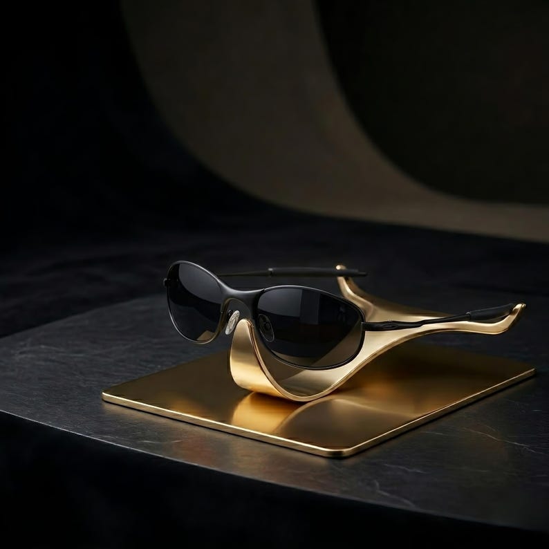 May include: Black sunglasses with a gold frame rest on a gold-colored display stand. The sunglasses have dark lenses and a sleek, modern design. The stand is rectangular and has a smooth, reflective surface. The background is dark, emphasizing the sunglasses and stand.