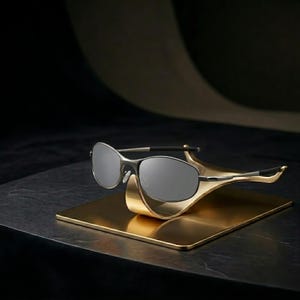 May include: Silver-framed sunglasses with gray lenses rest on a gold-colored display stand. The stand has a rectangular base and a curved, sculpted top to cradle the glasses. The background is dark, emphasizing the sunglasses and stand.