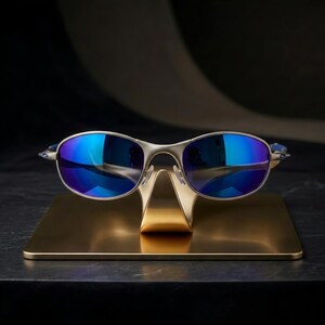May include: Silver-framed sunglasses with blue mirrored lenses rest on a gold-colored display stand. The sunglasses have a sleek, modern design. The stand is rectangular with a triangular support.