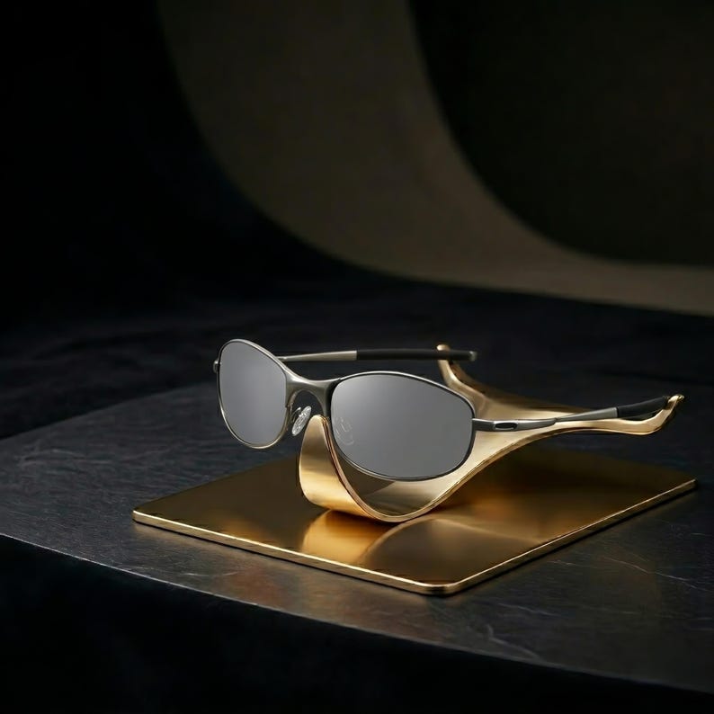 May include: Silver-framed sunglasses with gray lenses rest on a gold-colored display stand. The stand has a rectangular base and a curved, sculpted top that cradles the glasses. The background is dark, emphasizing the sunglasses and stand.
