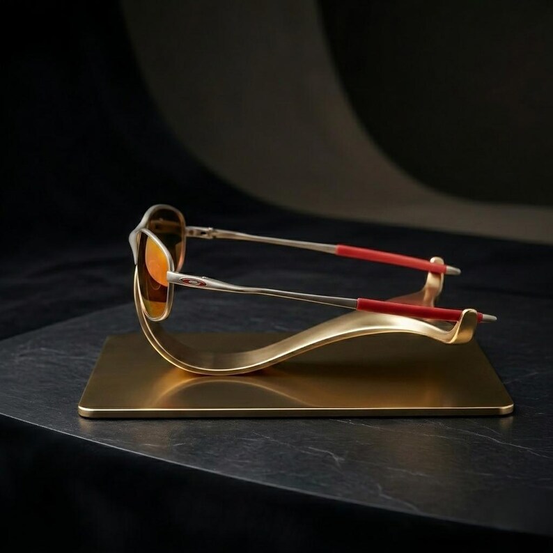 May include: A pair of sunglasses with orange lenses and silver frames, accented with red temple tips, rests on a gold-colored display stand. The stand has a rectangular base and a curved, wave-like design.