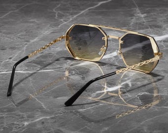 70s Aviator Octagonal Sunglasses - Ombre Lens - Pilot Shades Golden Brow Bar Frame