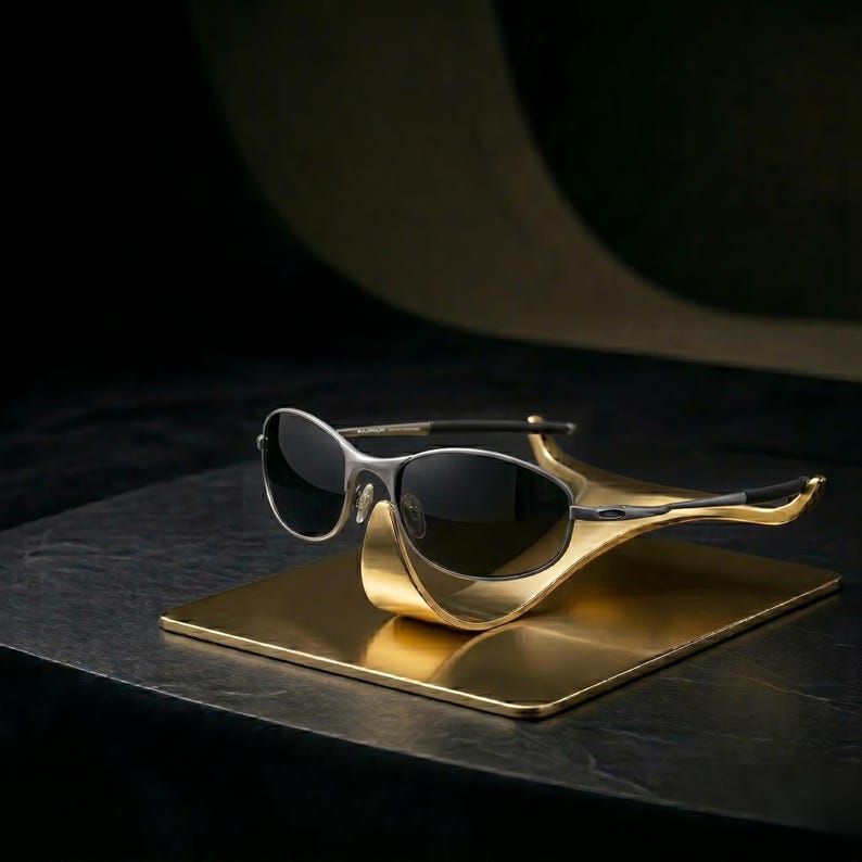 May include: Silver and black sunglasses with dark lenses rest on a gold-colored display stand. The sunglasses have a sleek, modern design. The stand is rectangular and has a curved, wave-like shape. The background is dark, emphasizing the sunglasses.