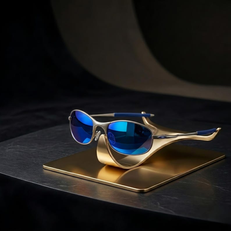 May include: Silver-framed sunglasses with blue lenses rest on a gold-colored display stand. The sunglasses have blue accents on the temples. The stand is a gold-colored square. The background is dark.