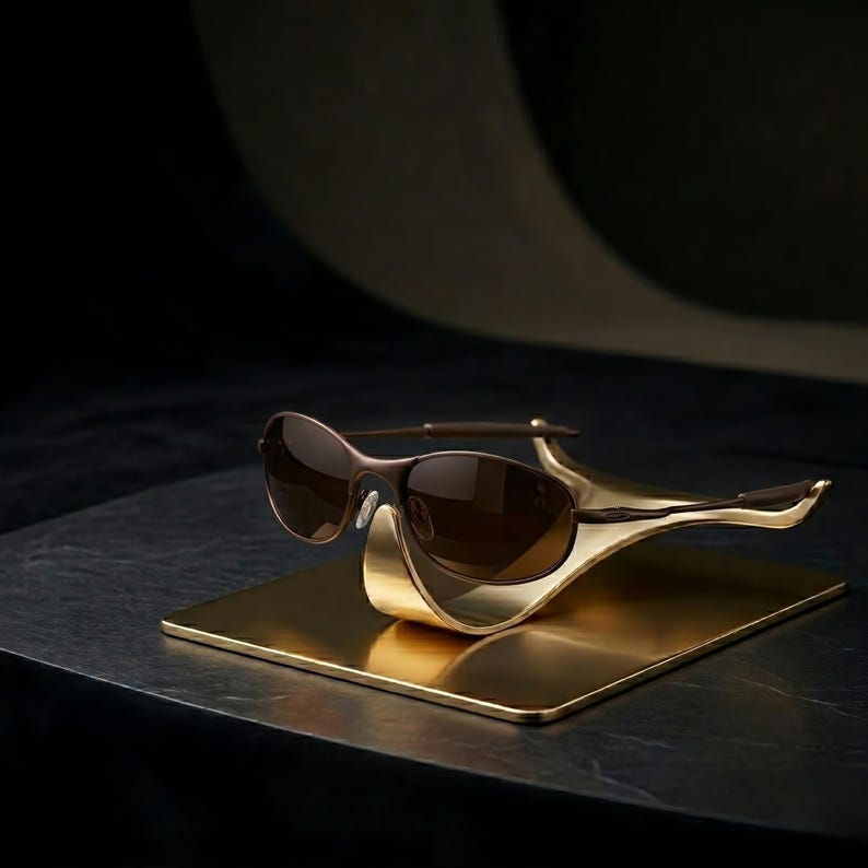 May include: Brown oval sunglasses with a gold frame rest on a gold-colored display stand. The sunglasses have brown lenses and a thin, dark brown frame. The stand is rectangular with curved edges.