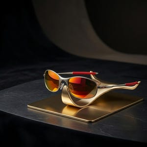 May include: A pair of silver and gold sunglasses with red accents and mirrored lenses rests on a gold-colored display stand. The sunglasses have a sleek, modern design, and the lenses reflect a vibrant orange hue.