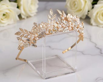 Bridal Tiara: 100% Handmade Pearl Flower Wedding Crown, Rhinestone Leaf Headband