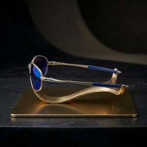 May include: Silver-framed sunglasses with blue lenses rest on a gold-colored display stand. The sunglasses have blue accents on the temples. The stand is rectangular with a curved, wave-like design.