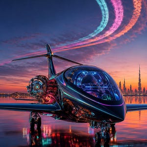 Op de afbeelding: Een gestroomlijnd, metallic zwart vliegtuig met een grote, transparante cockpitkap en zichtbare motordetails. Het voertuig heeft gloeiende blauwe en roze lichtaccenten, met bijpassende condenssporen in de lucht boven een stadsskyline.
