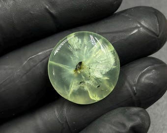 30,85 karat naturlig grön prehnit ädelsten 22x22x6 mm rund form. Polerad cabochon för smyckestillverkning