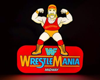 WWF WrestleMania Arcade LED Lighted Sign with remote, 3D Printed and handmade, 1980's nostalgia, home or office ready.