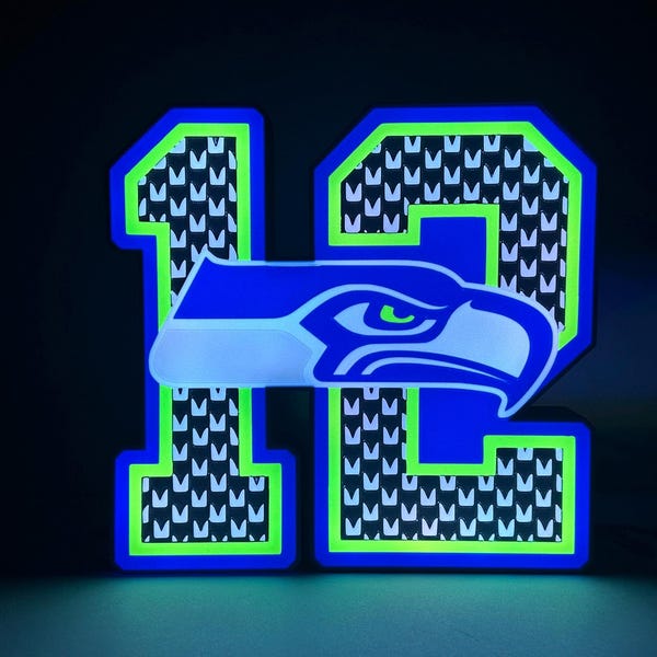 Seattle Seahawks 12s LED Lighted Sign, 3D Printed and handmade, home office/mancave/she-shed ready.