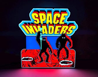 Space Invaders LED Lighted Sign with remote, retro arcade collectible, 3D Printed and handmade, 1980's nostalgia, home or office ready.