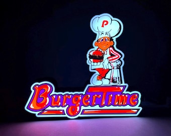 BurgerTime LED Lighted Sign with remote, retro arcade collectible, 3D Printed and handmade, 1980's nostalgia, office/mancave/she-shed ready
