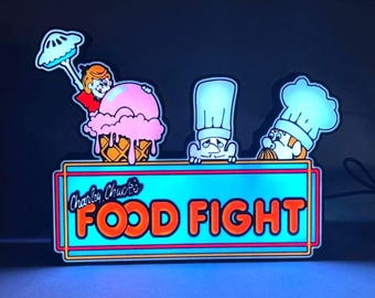 Food Fight LED Lighted Sign with remote, retro arcade collectible, 3D Printed and handmade, 1980's nostalgia, office/mancave/she-shed ready