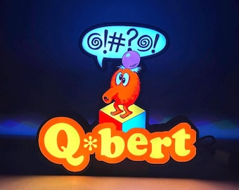 Q*bert LED Lighted Sign with remote, retro arcade collectible, 3D Printed and handmade, 1980's nostalgia, office/mancave/she-shed ready