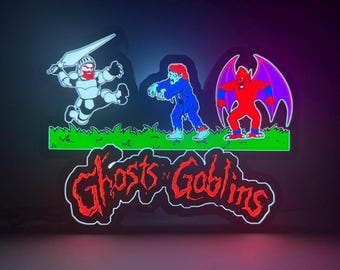 Ghosts 'n Goblins Arcade LED Lighted Sign with remote, 3D Printed and handmade, 1980's nostalgia, home or office ready.
