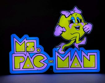 Ms. Pac-Man LED Lighted Sign with remote, retro arcade collectible, 3D Printed and handmade, 1980's nostalgia, office/mancave/she-shed ready