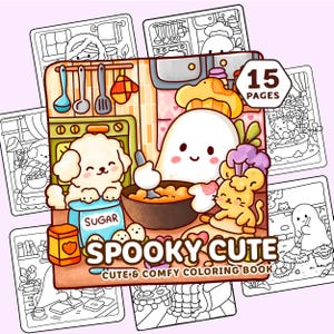 May include: A "Spooky Cute" coloring book with 15 pages, featuring a ghost, dog, and mouse in a kitchen setting. The cover has the text "Spooky Cute" and "Cute & Comfy Coloring Book". The illustrations are in black and white.
