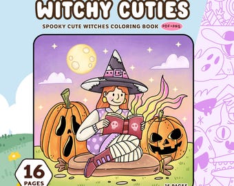 Witchy Cuties Coloring Book-16 Cute Halloween Coloring Pages PNG PDF, Spooky Cute Printable, Cozy and Comfy Illustrations Digital Download