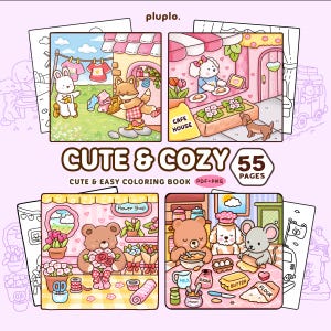 May include: A digital coloring book titled Cute & Cozy with 55 pages in PDF and PNG formats. The cover features four colorful illustrations of anthropomorphic animals in various settings, including a laundry scene, a cafe, a flower shop, and a kitchen.