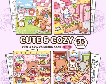 Cute & Cozy Coloring Book Bundle-55 Pages PDF PNG, Bold and Easy Coloring Pages, Kawaii Animal Characters, Instant Digital Download