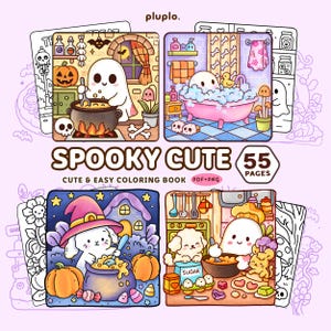 Puede incluir: Un libro para colorear "Spooky Cute" con 55 páginas, con ilustraciones caprichosas de fantasmas, calabazas y otros personajes con temática de Halloween. La portada muestra cuatro escenas diferentes con personajes lindos. El libro está etiquetado como "PDF+PNG".