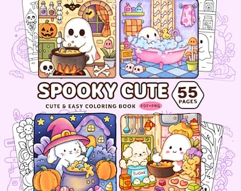 Spooky Cute Ultimate Bold & Easy Coloring Book Bundle - 55 Pages PDF PNG Cozy and Comfy Halloween Coloring Books Relaxing Digital Download