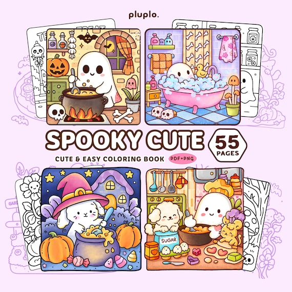Spooky Cute Ultimate Bold & Easy Coloring Book Bundle - 55 Pages PDF PNG Cozy and Comfy Halloween Coloring Books Relaxing Digital Download