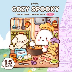 May include: A vibrant illustration for a "Cozy Spooky" coloring book. The cover shows a ghost, a dog, and a mouse in a kitchen setting. The book contains 15 pages of charming designs. The image includes the text "Cute & Comfy Coloring Book".