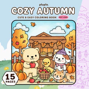 Könnte beinhalten: Ein Cover für ein "Cozy Autumn" Malbuch mit Cartoon-Illustrationen. Das Bild zeigt einen Bären, der einen Apfel hält, eine Ente, einen Hund mit Hut und eine Katze. Kürbisse, Kuchen und Herbstblätter sind ebenfalls abgebildet. Das Buch hat 15 Seiten.