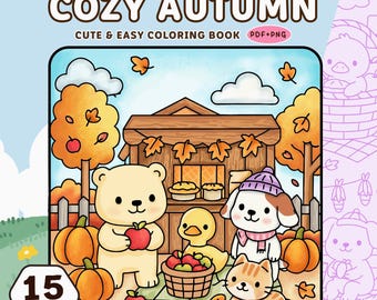 Cozy Autumn Coloring Pages PDF PNG - 15 Cute and Cozy Fall Leaves, Pumpkins & Hygge Designs For Adults and Teens Printable Digital Download