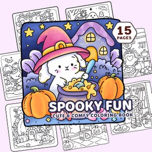 May include: A Halloween-themed coloring book with a cute bunny wearing a witch hat, stirring a cauldron. The cover features the text "SPOOKY FUN" and "CUTE & COMFY COLORING BOOK". Includes 15 pages of illustrations with pumpkins, ghosts, and other Halloween elements.