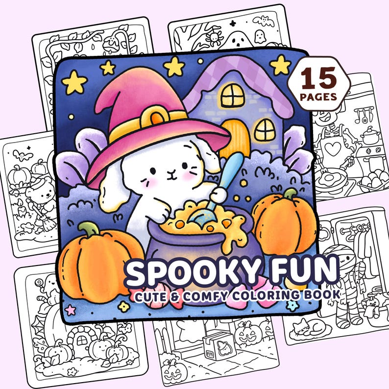 May include: A Halloween-themed coloring book with a cute bunny wearing a witch hat, stirring a cauldron. The cover features the text "SPOOKY FUN" and "CUTE & COMFY COLORING BOOK". Includes 15 pages of illustrations with pumpkins, ghosts, and other Halloween elements.