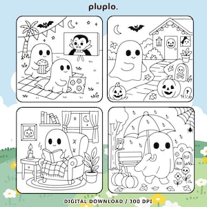 May include: Black and white Halloween-themed digital download featuring four square illustrations. Each depicts a ghost in various scenes: watching a movie, trick-or-treating, reading, and walking in the rain. The text "DIGITAL DOWNLOAD / 300 DPI" is at the bottom.