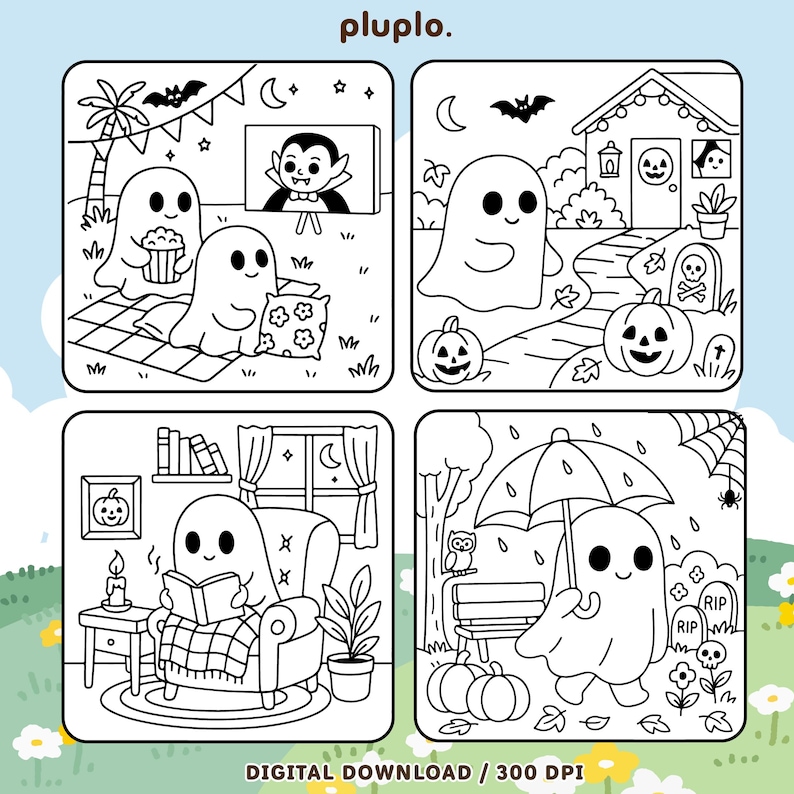 May include: Black and white Halloween-themed digital download featuring four square illustrations. Each depicts a ghost in various scenes: watching a movie, trick-or-treating, reading, and walking in the rain. The text "DIGITAL DOWNLOAD / 300 DPI" is at the bottom.