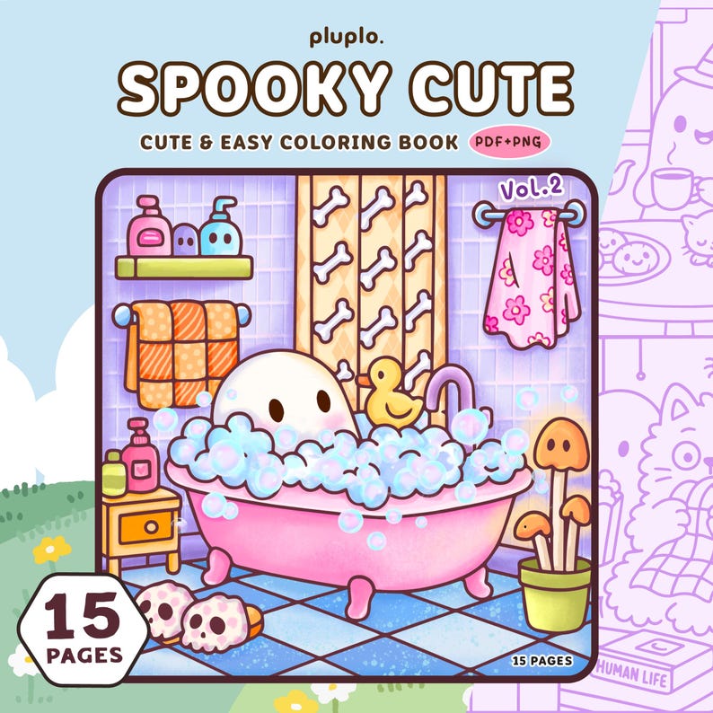 May include: A coloring book cover with the title "Spooky Cute." The illustration shows a ghost in a pink bathtub with bubbles, a rubber duck, and skull slippers. The background includes a bone-patterned shower curtain and a towel with floral designs. The book has 15 pages.