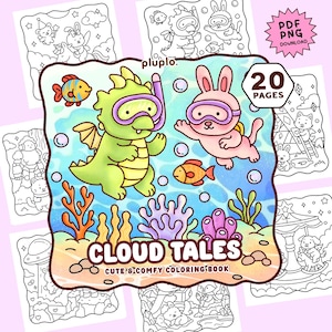 Può includere: Un libro da colorare intitolato "Cloud Tales" con un simpatico tema sottomarino. La copertina presenta un drago verde e un coniglietto rosa con attrezzatura da snorkeling, circondati da pesci e coralli. Il libro ha 20 pagine ed è disponibile come download PDF e PNG.