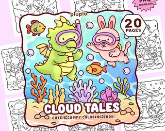 Cloud Tales Coloring Book PDF PNG, Fantasy Cute Coloring Pages, Relaxing &Cozy, Kawaii Printable PDF for Kids and Adults Digital Download