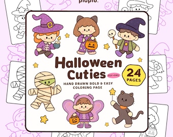 Halloween Cuties Coloring Pages PDF PNG-24 Bold & Easy Spooky Illustrations with Little Friends and Ghosts Printable Digital Download