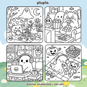 May include: Black and white digital download featuring four square illustrations with cute ghost characters. Scenes include a picnic, watching TV, using a laptop, and relaxing with a teddy bear. The text "DIGITAL DOWNLOAD / 300 DPI" is at the bottom.