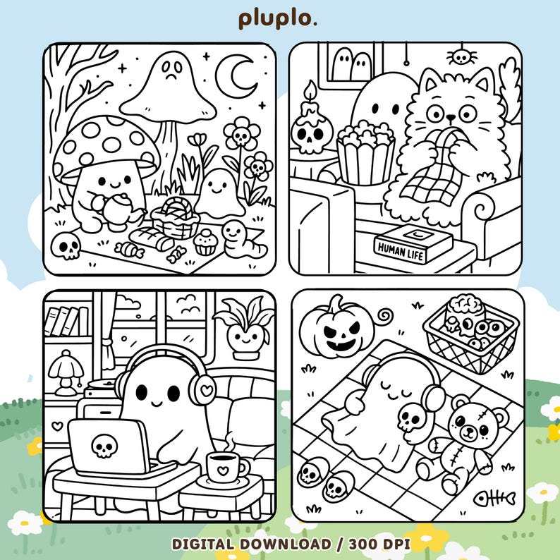 May include: Black and white digital download featuring four square illustrations with cute ghost characters. Scenes include a picnic, watching TV, using a laptop, and relaxing with a teddy bear. The text "DIGITAL DOWNLOAD / 300 DPI" is at the bottom.