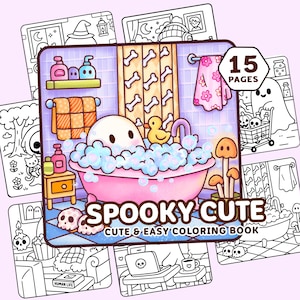 May include: A "Spooky Cute" coloring book with 15 pages. The cover features a ghost in a pink bathtub with bubbles, surrounded by other Halloween-themed illustrations. The book is designed for easy coloring.