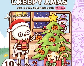 Creepy Christmas Coloring Pages PDF PNG - 10 Cute and Cozy Ghostly Festive, Holiday and Halloween Coloring Books Printable Digital Download